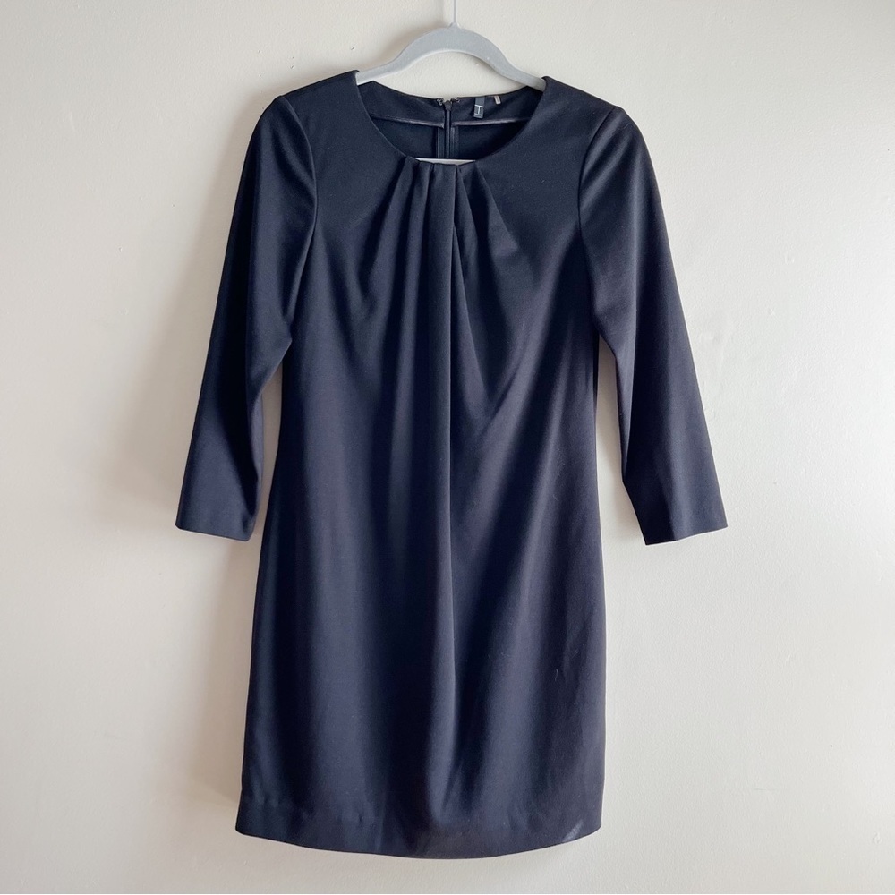 Tahari Pleated Front Long Sleeve Shift Mini Dress in Black, Size‎ 4